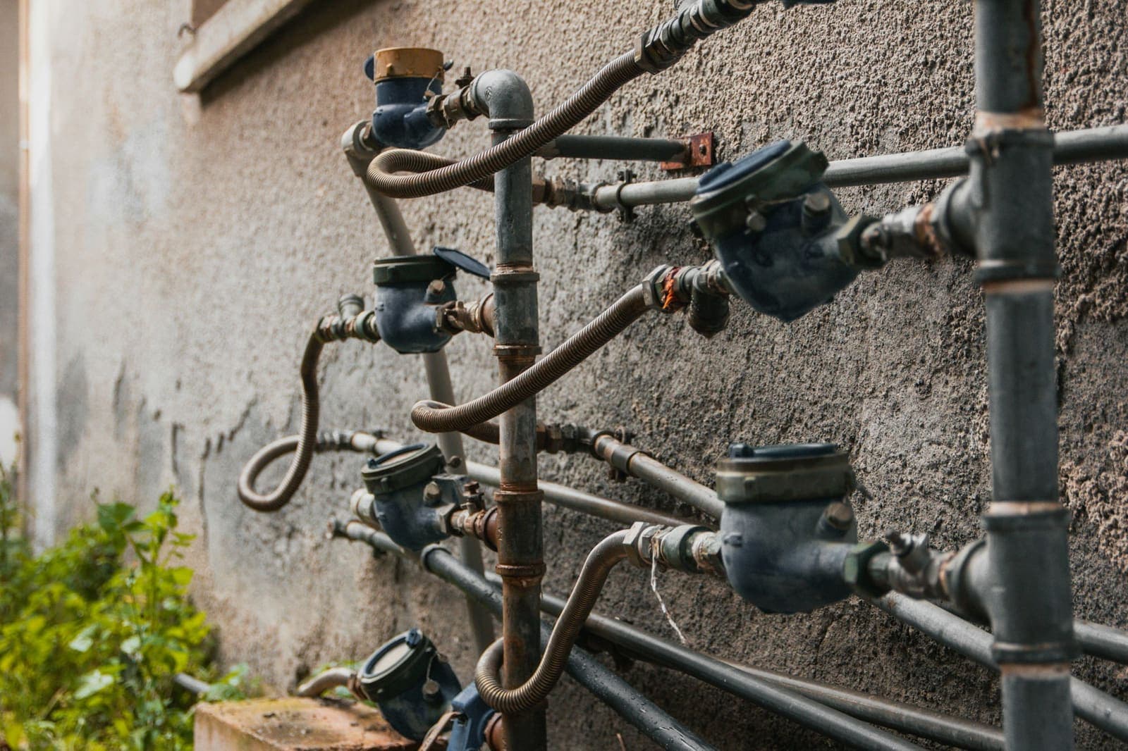 Row of water meters on supply pipes